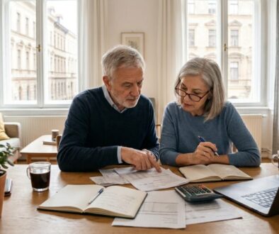 Older couple sit at a wooden table reviewing papers, with a laptop and notebooks in a bright living room.
