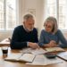 Older couple sit at a wooden table reviewing papers, with a laptop and notebooks in a bright living room.