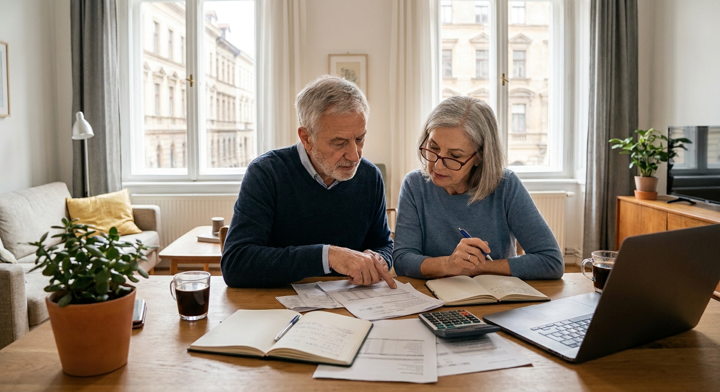 Older couple sit at a wooden table reviewing papers, with a laptop and notebooks in a bright living room.