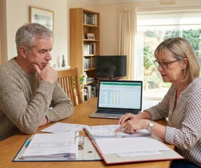 Older man and woman sit at a dining table reviewing documents with a laptop open in a bright living room.
