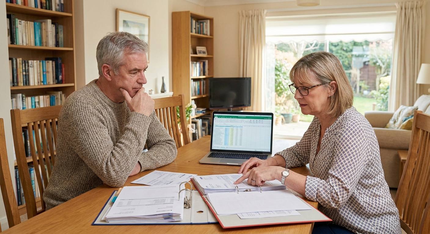 Older man and woman sit at a dining table reviewing documents with a laptop open in a bright living room.