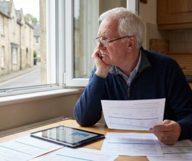 Older man sits at a kitchen table by a window, studying paper documents with a tablet nearby and thinkingowy hand on his chin.