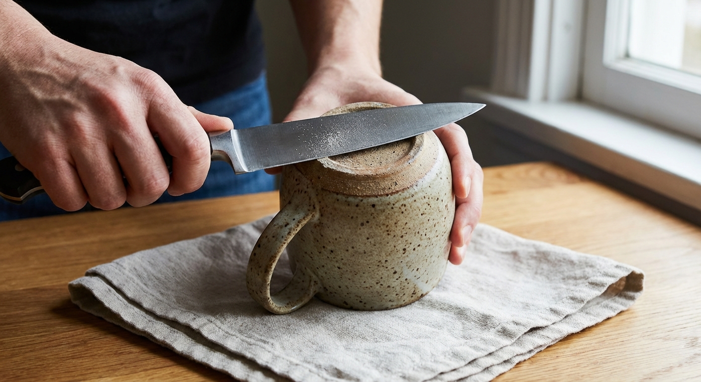 Chef sharpening a knife with a honing rod in a professional kitchen setting, focusing on precision and culinary skill.