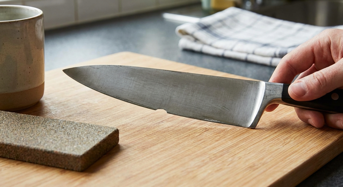 Close-up of a man sharpening a knife with honing steel, wearing a yellow shirt.