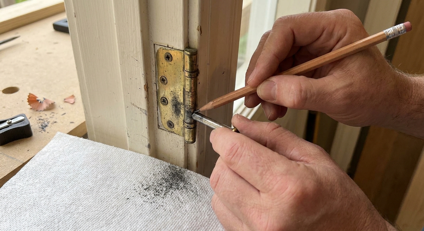 Hands filing a brass door hinge on a light door frame, pencil in hand nearby on a work surface.