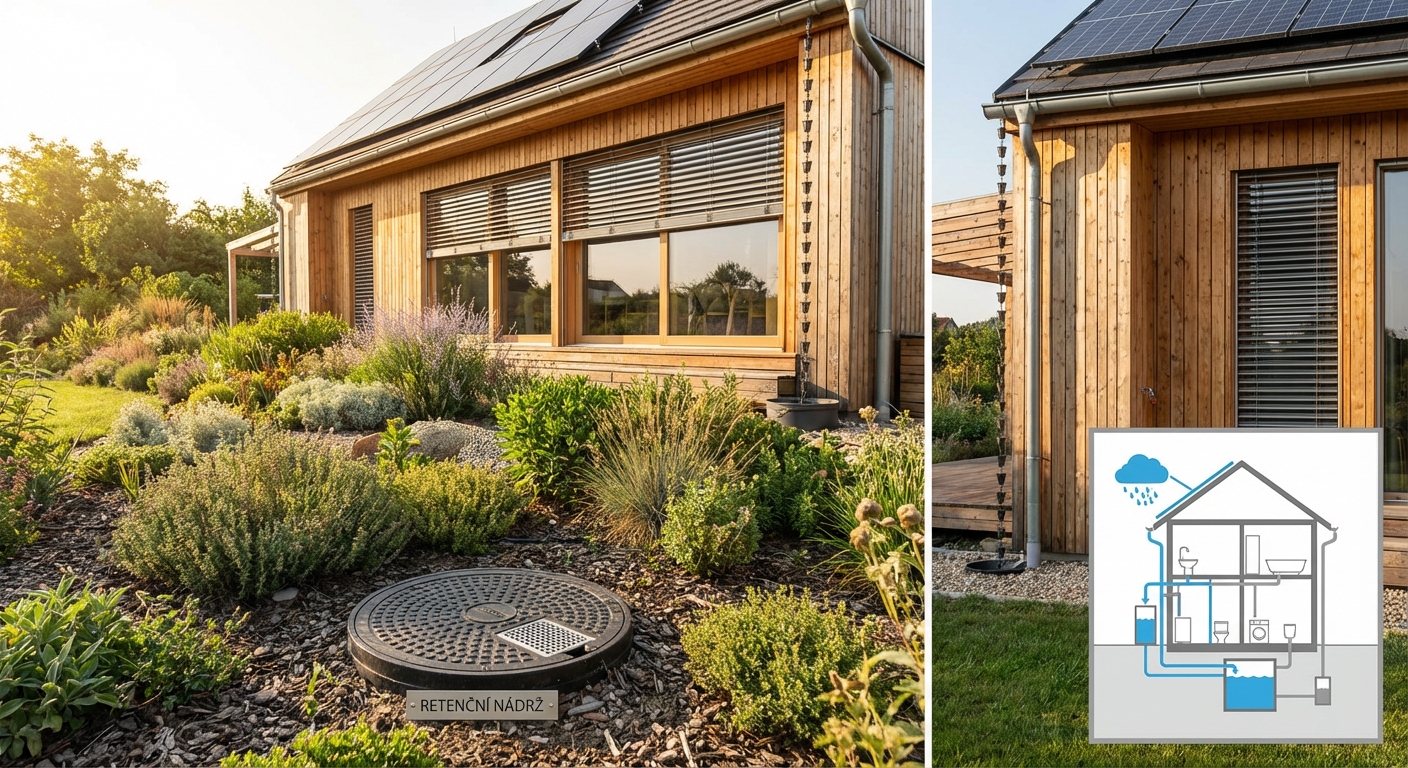 A sustainable home with solar panels surrounded by lush green trees and grass, symbolizing eco-friendly living.