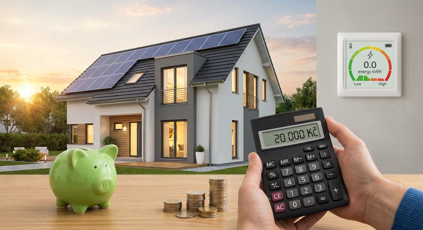 Sustainable wooden house with solar panels and lush surroundings.