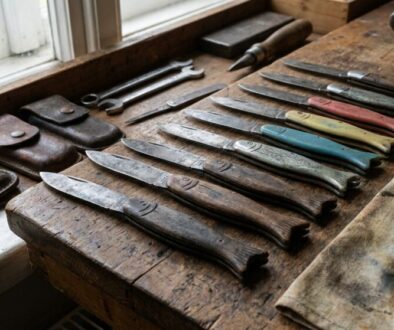 Row of vintage carving knives with wooden handles laid out on a weathered workbench by a window