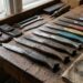 Row of vintage carving knives with wooden handles laid out on a weathered workbench by a window