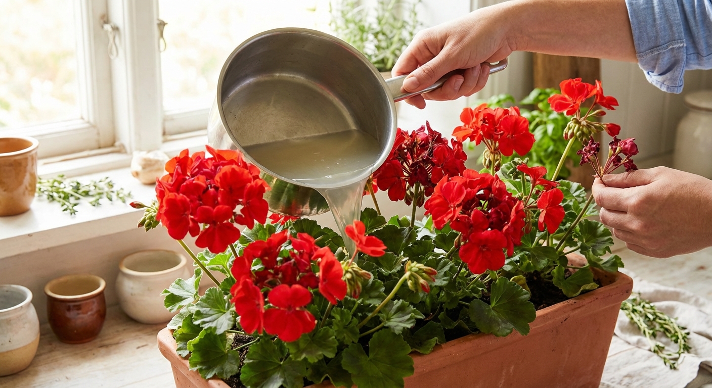 Žádné hnojivo z obchodu. Stačí tahle tekutina, kterou denně vyléváte, a muškáty budou mít obří květy