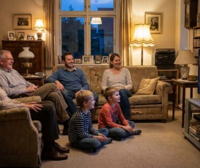 Family of six seated in a cozy living room watching a cartoon on the TV screen.