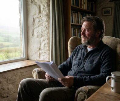 Older man with a beard sits in a cozy armchair by a stone wall window, reading papers in a rural study.