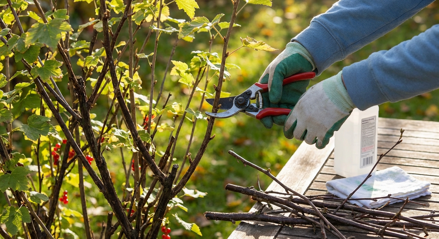 Gardener using pruning shears on shrubs during autumn with sunlight filtering through.