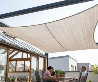 Rooftop terrace with a beige fabric shade sail over a wooden dining table where three people chat, with potted plants nearby.