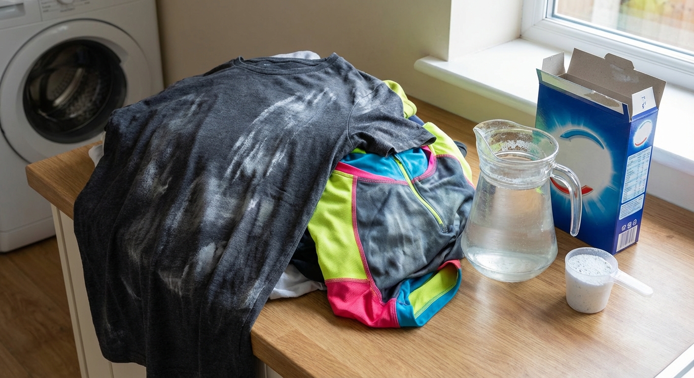 An adult man pours detergent into a washing machine for doing laundry indoors.