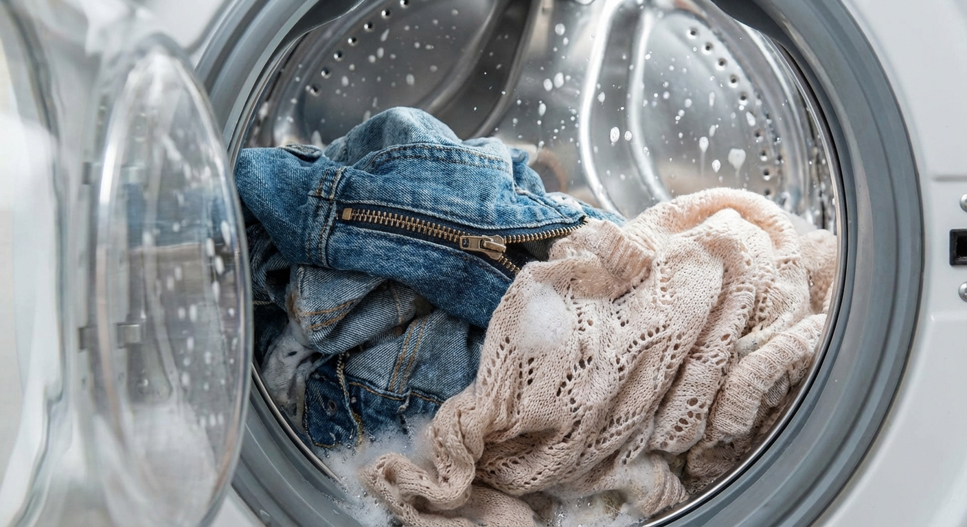 Close-up of a man placing clothes into a washing machine during household chores.