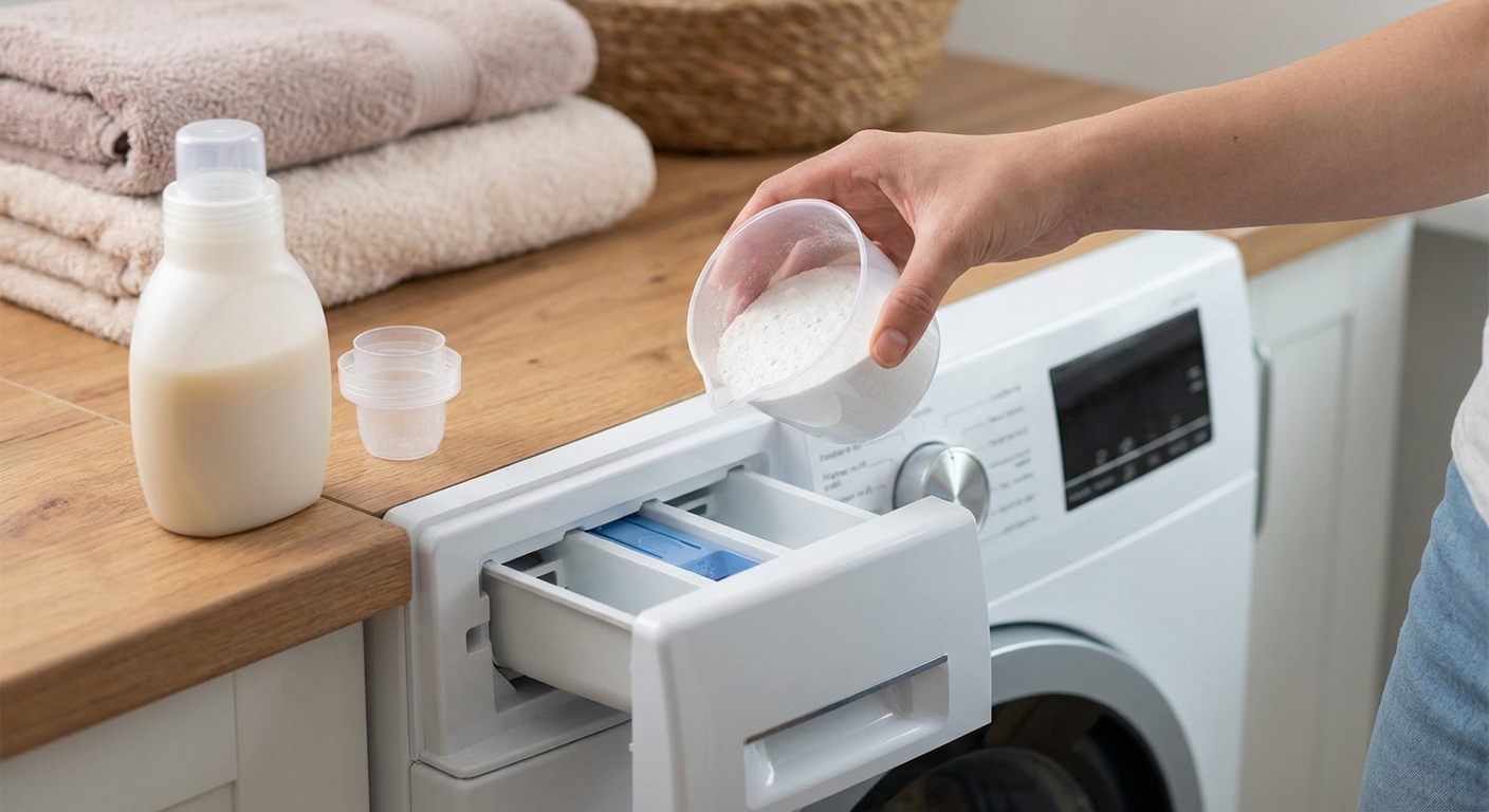 A woman pours detergent into a washing machine for a laundry cycle.