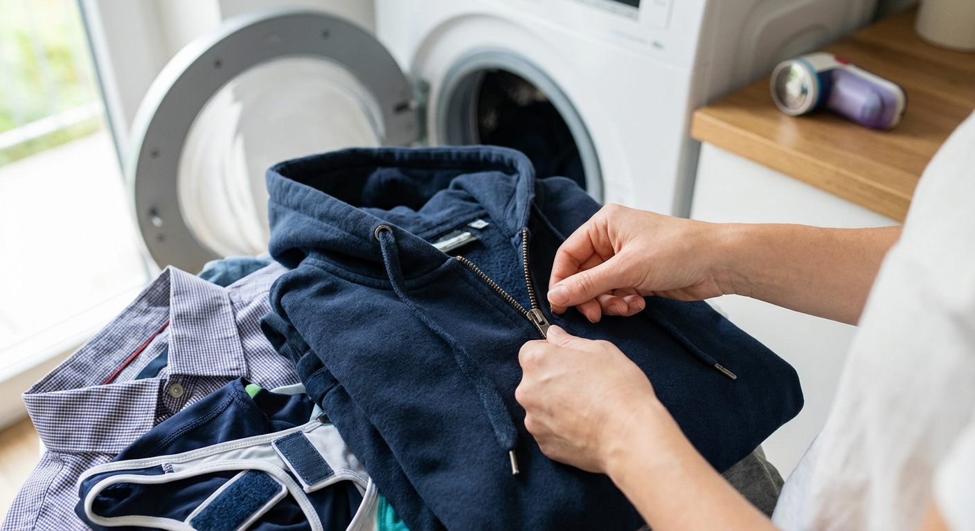 Close-up of a person adjusting a washing machine in a modern laundry room.