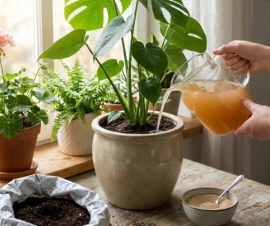 Person watering a large potted plant on a wooden table by a sunlit window, with several smaller potted plants nearby and a bowl of soil on the table.