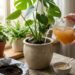 Person watering a large potted plant on a wooden table by a sunlit window, with several smaller potted plants nearby and a bowl of soil on the table.