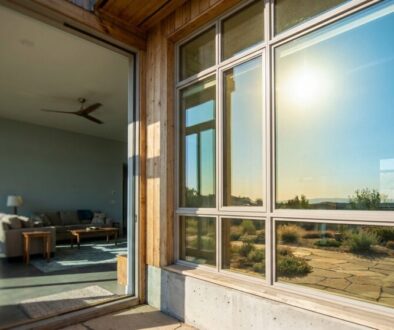 Sunlit living room seen through large glass doors, featuring a gray sofa, coffee table, and a ceiling fan.