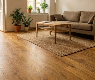 Bright living room with a beige sofa, wooden coffee table, and potted plants, opened to a cobblestone street outside and sunlight streaming in.