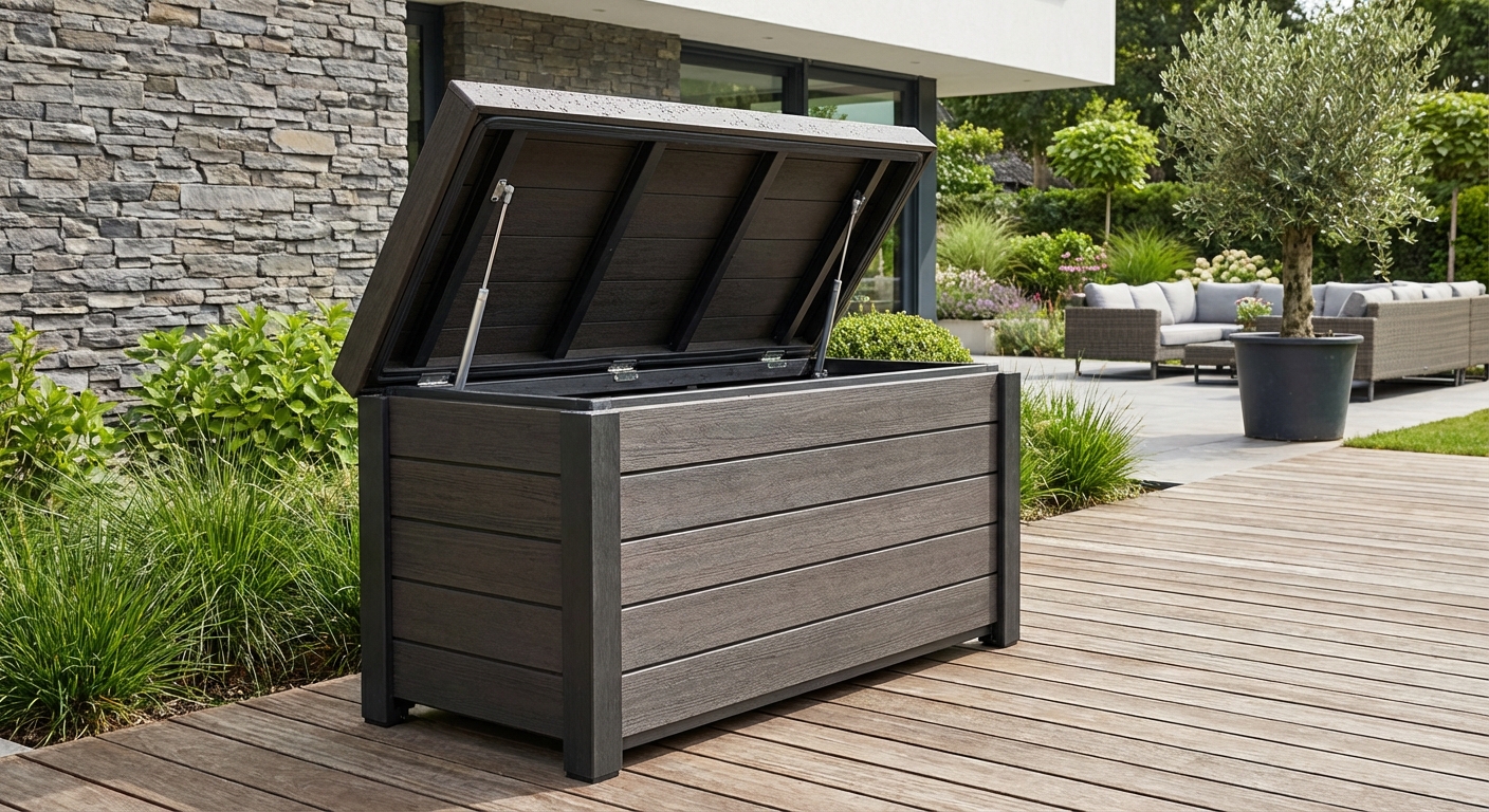 Contemporary house exterior featuring a stylish wooden facade, entrance gate, and vibrant garden.