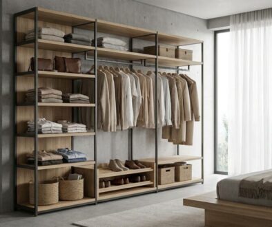 Open industrial-style wardrobe with wooden shelves, hanging clothes, baskets, and shoes in a neutral-toned bedroom.