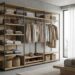Open industrial-style wardrobe with wooden shelves, hanging clothes, baskets, and shoes in a neutral-toned bedroom.
