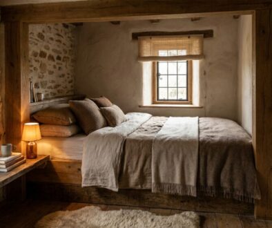 Cozy rustic bedroom with a bed built into a stone alcove, warm lamp on a bench, and a small window with a shade.