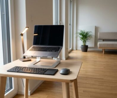 Desk setup with a silver laptop on a stand, external keyboard and mouse on a light wood table by large glass doors.
