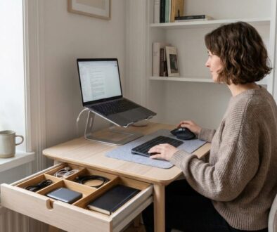 Woman sits at a wooden desk in a bright home office, using a laptop on a stand with a separate keyboard and mouse.
