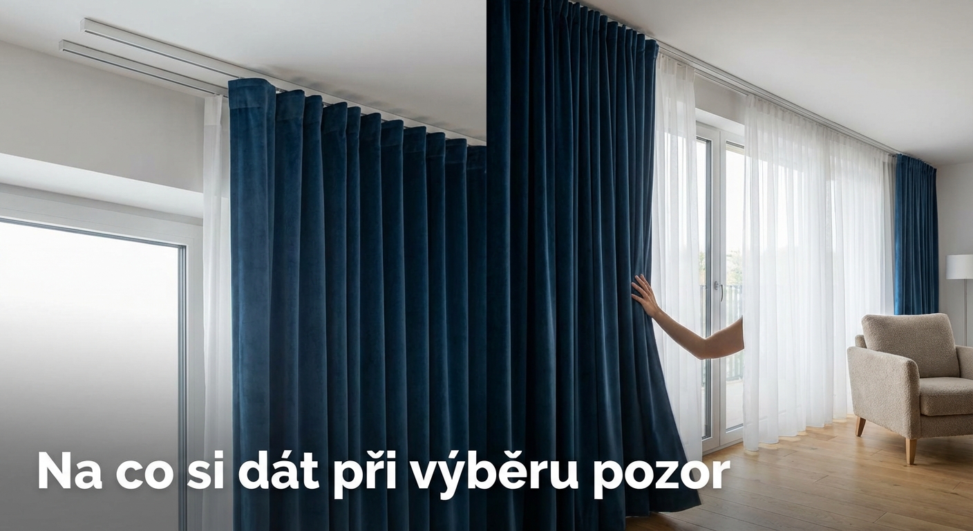 Bright modern interior featuring floor-to-ceiling glass windows, blue curtains, and artistic decor.