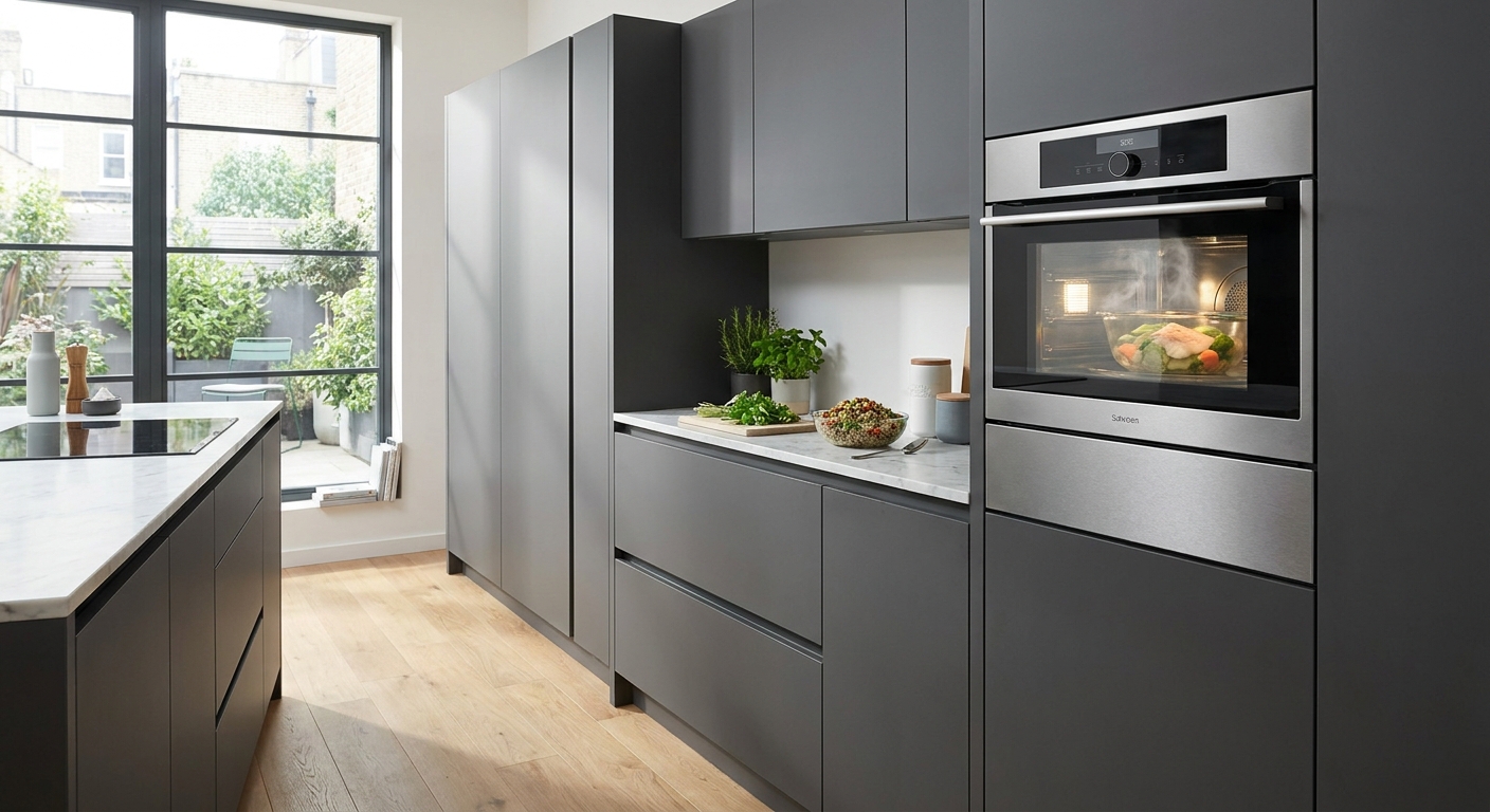 Modern gray kitchen with built-in stainless steel oven and tall cabinets; light wood floor and marble-topped island by a large window