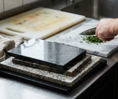 Chef chopping parsley on a marble cutting board in a stainless steel kitchen.