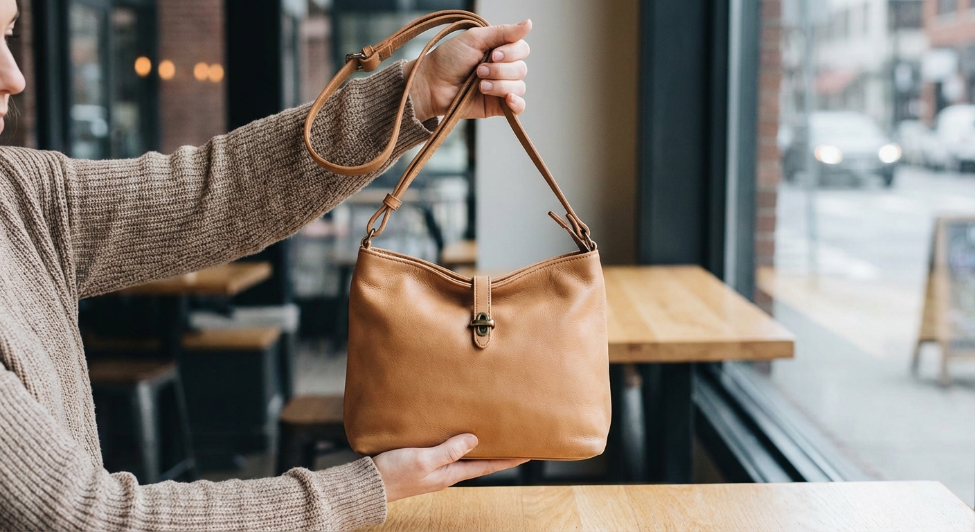 Stylish gray quilted bag held by a woman in casual attire outdoors in Krasnoyarsk.