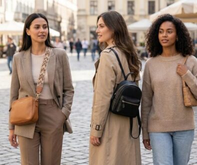 Three women walk and chat on a cobblestone street with outdoor cafes; each carries a bag as they stroll nearby cafes.