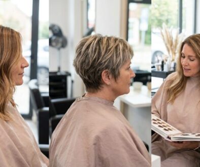 Sequence of three salon scenes: a young woman with light brown wavy hair facing left, wearing a beige cape; a middle-aged woman with short gray-streaked hair in profile; a stylist holding long blonde hair while the client looks at color swatches in a chair.