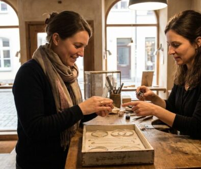 Two women in a craft workshop examining and arranging silver bracelets on a wooden table.