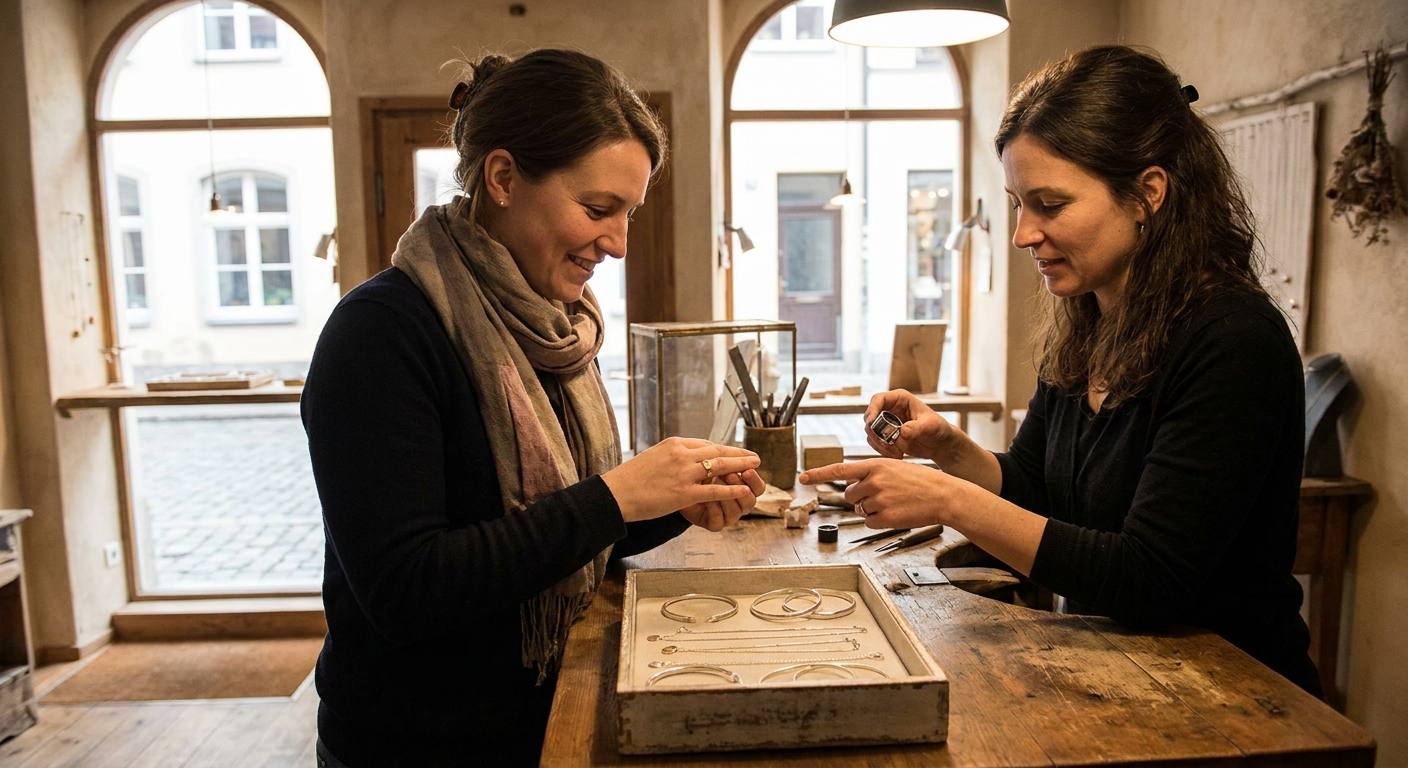Two women in a craft workshop examining and arranging silver bracelets on a wooden table.