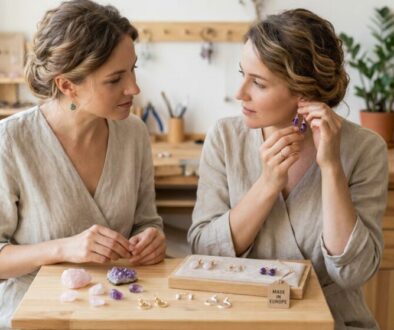 Two women in beige tops sit at a wooden table, crafting and comparing handmade jewelry with purple stones in a bright workshop.