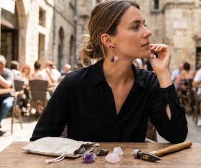 Side-profile of a woman in a black shirt at an outdoor cafe, with crystals and a hammer on the table in front of her.