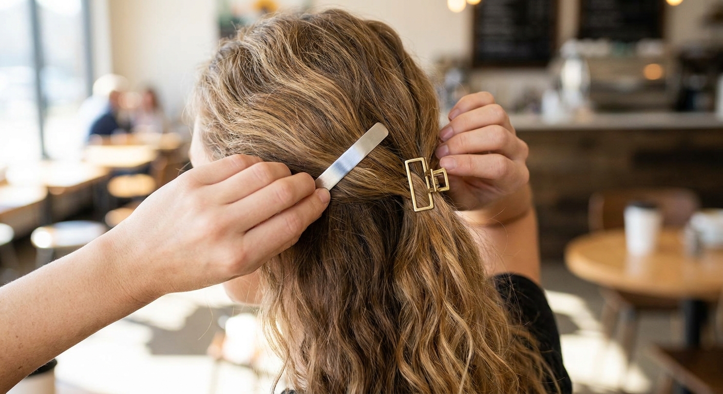 Person styling their wavy blond hair with two metal hair clips in a cafe setting
