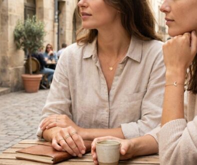 Two women sit at a wooden outdoor café table on a cobblestone street, wearing neutral outfits and gold jewelry, chatting.