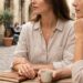 Two women sit at a wooden outdoor café table on a cobblestone street, wearing neutral outfits and gold jewelry, chatting.