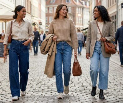Three women walking together on a cobblestone street, wearing casual beige and denim outfits with shoulder bags.