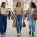 Three women walking together on a cobblestone street, wearing casual beige and denim outfits with shoulder bags.