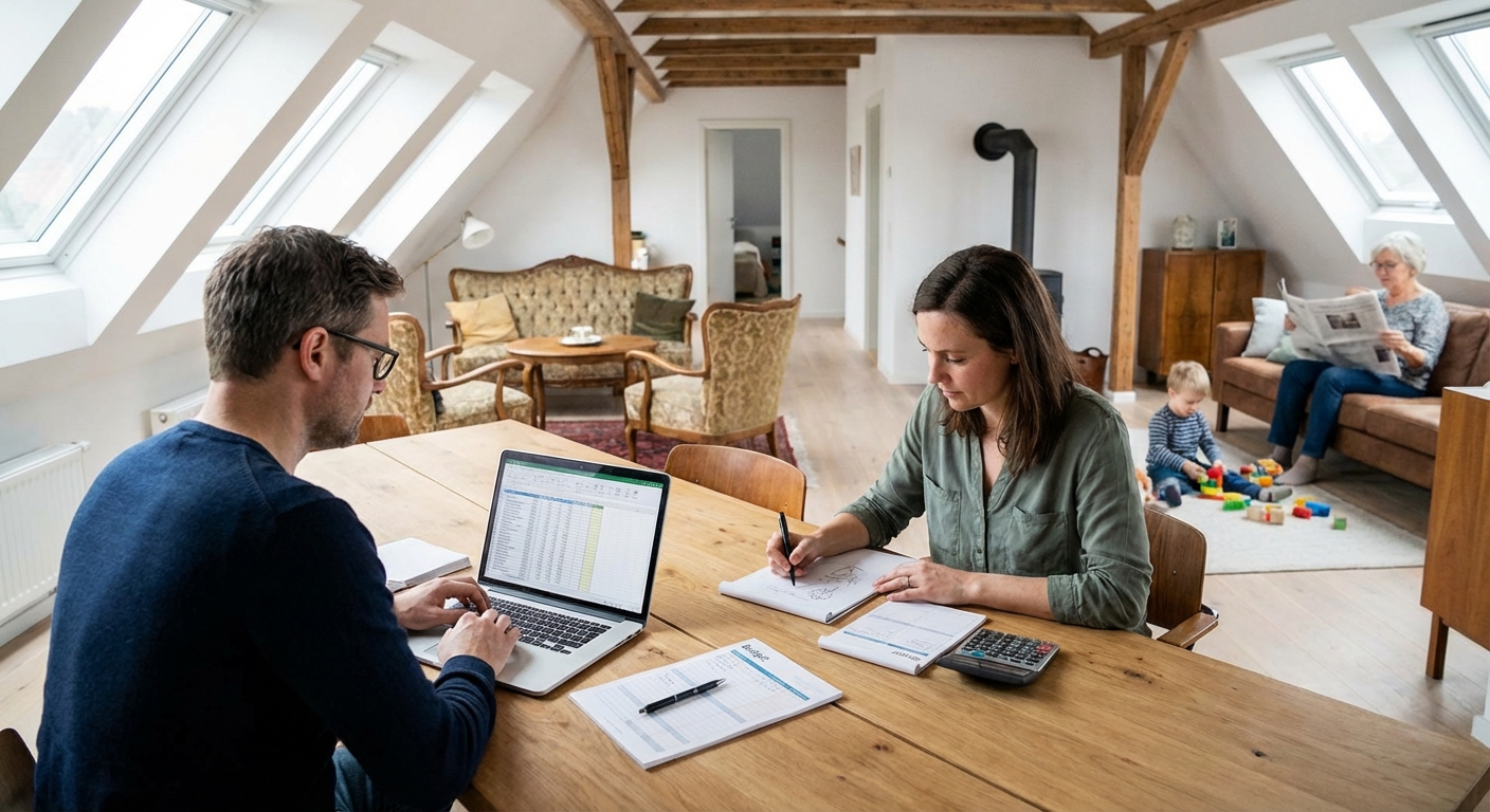 Young couple embracing joyfully amidst moving boxes in their new home.