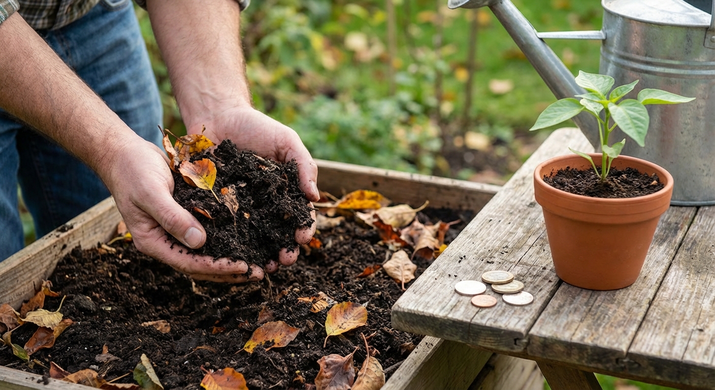 Brown maple leaf resting on dry grass and soil in autumn setting.