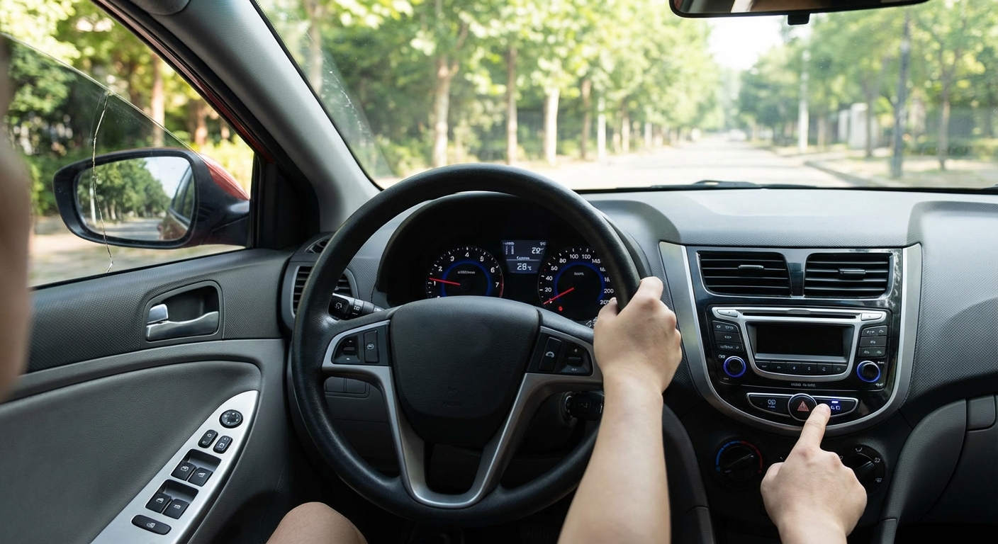 Close-up of a car's dashboard showing AC and media controls, dials, and electronic switches.